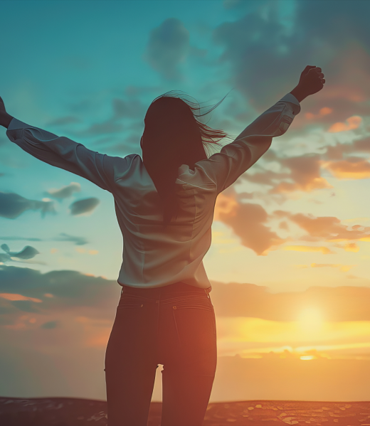 woman raising hands in success in front of a sunset