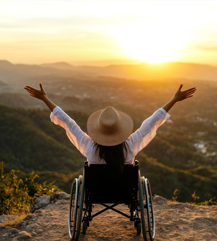 woman in wheelchair on cliff with arms extended in celebration