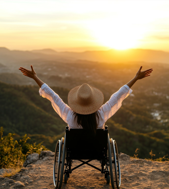 empowered-woman woman in wheelchair on cliff with arms extended in celebration