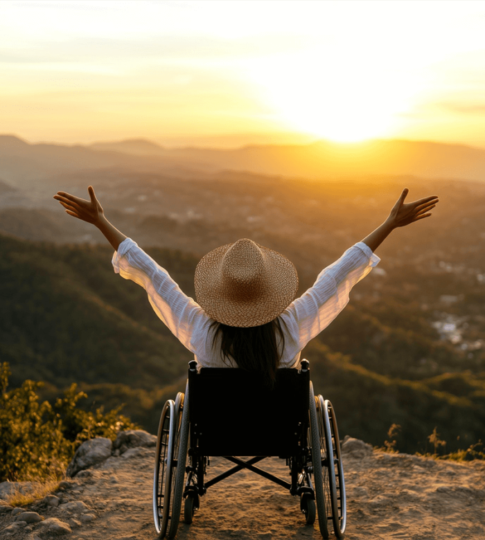 woman in wheelchair on cliff with arms extended in celebration